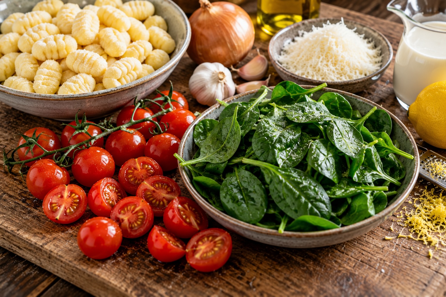 Babyspinat und Kirschtomaten für die schnellen Gnocchi
